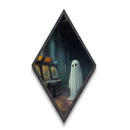 Lonely Ghost in Rainy Arcade Diamond Shaped Art Canvas Embossed Print Spooky Vaporwave Halloween Surreal Nostalgic Wall Decor