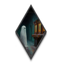 Ghost in Retro Arcade Room Diamond Shaped Art Canvas Embossed Print Spooky Halloween Nostalgia Vaporwave Haunting Wall Decor