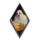 Hungry Ghost with Cake Painting Diamond Shaped Art Canvas Embossed Print Halloween Kitchen Decor Spooky Whimsical Gothic Style