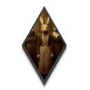 Vintage rabbit-headed woman surrounded by eerie companions immortalized in Diamond Shaped Art as a gothic Halloween Canvas Embossed Print