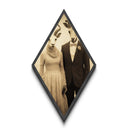 Gothic wedding couple with ram heads in sepia Diamond Shaped Art Canvas Embossed Print blending dark academia and Halloween surrealism