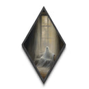 Diamond Shaped Art Cozy Ghost by Window Canvas Art Print, Gothic Autumn Spirit Decor, Dark Academia Haunted House Halloween Artwork