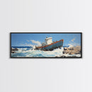 Man Vs. Ocean, Tugboat Crashing On The Rockets, Framed Canvas Print, Nautical Decor, Nautical Centerpiece