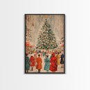 Large Christmas Tree in Snowy Town Square with People Gathering for the Holidays, Framed Canvas Print for Christmas Wall Art