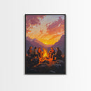 Red Barn at Fall Sunset Framed Canvas Print, Warm Autumn Landscape with Cows in Pasture, Perfect Wall Art for Country and Farmhouse Homes