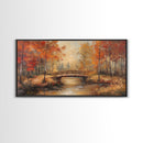 Autumn Bridge Over Quiet River Tall Art Framed Canvas Print Serene Fall Landscape With Colorful Foliage And Peaceful Reflections