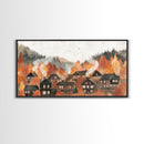 Autumn village decor Framed Canvas Print rustic village with fall trees cozy seasonal wall art gift idea moody landscape autumn home decor