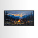 Framed Canvas Print Western Cowboys Campfire Evening Art Landscape Rustic Winter Mountain Home Decor Extra Large Wall Art Gift