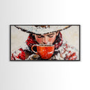 Cowboy in forest with burning fire, deep autumn hues, Framed Canvas Print, moody landscape, fall western art, rustic wall piece, wall decor