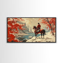 Cowboy resting by campfire under aspen trees with mountains in background, Framed Canvas Print, rustic wall art, warm western decor piece