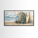 Coastal Christmas Scene Surfboards Christmas Tree Framed Canvas Print, Beach Holiday Decor Wall Art With Surfing Theme