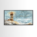 Coastal Christmas Lighthouse Decor Framed Canvas Print, Snowy Beach Scene with Holiday Wreath and Lighthouse Winter Wall Art