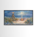 Beach Christmas family gathering by the ocean and bonfire, framed canvas print featuring tropical holiday decor wall art