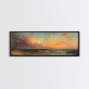 North Beach at Sunset, Framed Canvas Print, Beautiful Panoramic Seascape Painting, Boho / Minimalist Home Decor, Rustic Beach Art