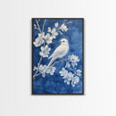 Blue Botanial Wall Art Chinoiserie Wall Art, White Bird, Blue Chinoiserie Home Decor, Botanical Print, Bird Painting, Framed Canvas Print