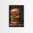 The Burg' Canvas Print, Retro Still Life Oil Painting Of a Hamburger, Canvas Print, Kitchen Decor, Dining Room Art, Funny Wall Art