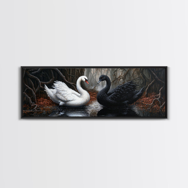 Black and White Swan Form A Heart, Framed Canvas Print, Swan Painting,