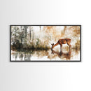 Young Doe Drinking Water In The Forest Framed Canvas Print, Painting of a Deer drinking Water, Gift for Hunter, Outdoorsman Gift, Cabin Art