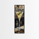 Realistic Martini Glass with Olives, Classic Cocktail Art, Bar Scene Canvas Print, Retro Kitchen Decor, Olive Martini Painting