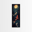 Koi Fish Under a Full Moon, Framed Canvas Print, Wabi Sabi Home Decor, Funky Boho Wall Art, Tall Skinny Art, Narrow Tall Wall Art