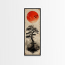 Bold Red Sun Pine Tree Framed Canvas Print Japanese Inspired Minimalist Wall Art Rustic Zen Decor Unique Vertical Nature Artwork