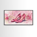 Pink Heels Painting Framed Canvas Print, Feminine Art Gift Idea, Light Pink Wall Art, Cottagecore Decor, Rustic Original Artwork
