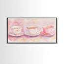 Vintage Tea Cups Artwork with Pink Wall Art Vibes on Framed Canvas Print, Cottagecore Style Kitchen or Dining Room Decor Gift