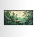 Green Forest Serenity Framed Canvas Print with Mountain Landscape Art and Sage Green Wall Art Perfect Living Room Rustic Decor