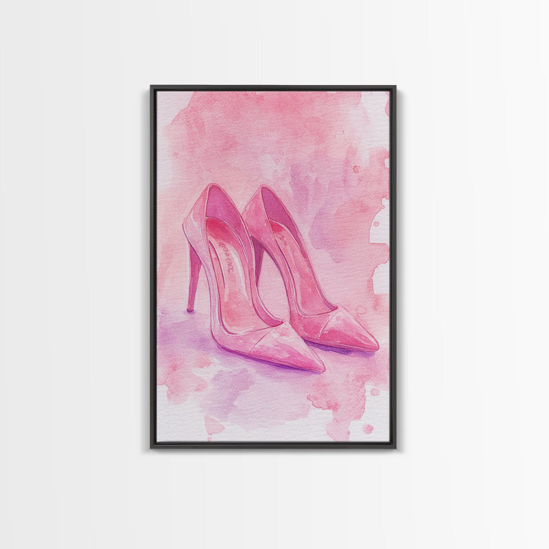 Pink Heels Watercolor Canvas Print Minimalist Light Pink Wall Art Whimsical Cottagecore Style Bedroom Artwork Framed Wall Art