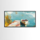 Wooden dock, rowboat, lake, marsh painting, fisherman painting, coastal decor, rustic wall art, framed canvas print, guest room art