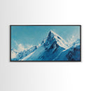 Mountain Painting, Blue and White Art, Snowy Peak Art, Framed Canvas Print, Rustic Decor, Minimalist Art, Extra Wide Art