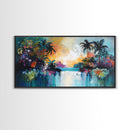 Tropical Sunset, Canvas Print, palm tree painting, coastal decor, wildflower painting, extra wide art, beach wall art