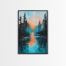 Sunset Reflection, pine tree art, landscape painting, teal wall art, Joshua tree art, framed canvas print, extra wide art
