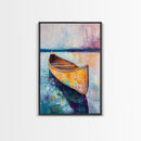 Wooden Canoe, Coastal Landscape Art, Nautical Wall Art, Seascape Painting, Lake Tahoe Art, Extra Wide Art, Framed Canvas Print