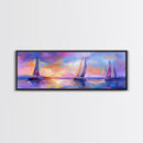 Sailboats at Sunset Framed Canvas Print Nautical Wall Art, Vibrant Ocean Painting, Coastal Home Decor, Large Living Room Artwork