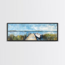 Lakeside Dock Framed Canvas Print Tranquil Waterfront Art Boat Painting Relaxing Cabin Decor Nautical Wall Art Rustic Living Room