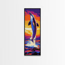Dolphin Jump, Ocean Sunset Art, Framed Canvas Print, Vibrant Marine Life, Coastal Home Decor, Sea Animal Art, Beach House Wall Art