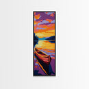 Wooden Canoe, Sunset Waters, Framed Canvas Print, Boho Wall Art, Lakehouse Decor, Vibrant Nature Painting, Living Room Artwork