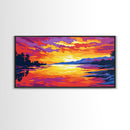 Lake Sunset Reflection, Framed Canvas Print, Serene Water Art, Vibrant Landscape Painting, Peaceful Nature Scene, Living Room Wall Decor