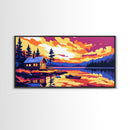 Cabin Lake, Sunset Reflection, Framed Canvas Print, Cozy Cottage Wall Art, Nature Landscape Painting, Fall Vibes, Living Room Art