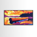 Floating Log, Sunset Water, Framed Canvas Print, Tranquil Lake Scene, Rustic Wilderness Art, Cabin Wall Decor, Home Artwork, Bedroom Art