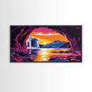 Sunset Waterfall, Cave Art, Nature Landscape, Rustic Home Decor, Wilderness Wall Art, Adventure Scene, Framed Canvas Print