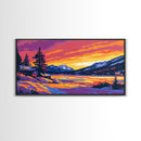 Snowy Sunset, Cabin Art, Winter Landscape, Cozy Lodge Decor, Scenic Mountain View, Rustic Living Room, Framed Canvas Print
