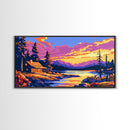 Log Cabin, River Sunset, Cozy Home Decor, Vibrant Nature Art, Framed Canvas Print, Rustic Wall Artwork, Mountain Scene