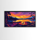 Campfire, Lake Sunset, Cozy Cabin Art, Vibrant Nature Scene, Framed Canvas Print, Outdoor Adventure Art, Rustic Home Decor