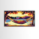 Hammock View, Relaxing Lake, Golden Sunset, Vibrant Home Decor, Framed Canvas Print, Boho Wall Art, Tranquil Nature Scene