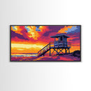 Lifeguard Tower, Beach Sunset, Coastal Landscape, Ocean Home Decor, Framed Canvas Print, Modern Wall Art, Vibrant Seaside Scene