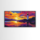 Seaside Lighthouse, Golden Sunset, Ocean Wall Art, Nautical Decor, Framed Canvas Print, Coastal Living Room Artwork, Vibrant Landscape
