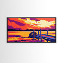 Dockside Sunset, Tranquil Lake Scene, Water Reflection Art, Nature Wall Decor, Framed Canvas Print, Rustic Home Artwork, Boho Style