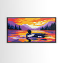 Loon on Lake, Nature Wildlife Art, Tranquil Sunset Scene, Serene Wall Decor, Framed Canvas Print, Cozy Cabin Artwork, Outdoor Theme